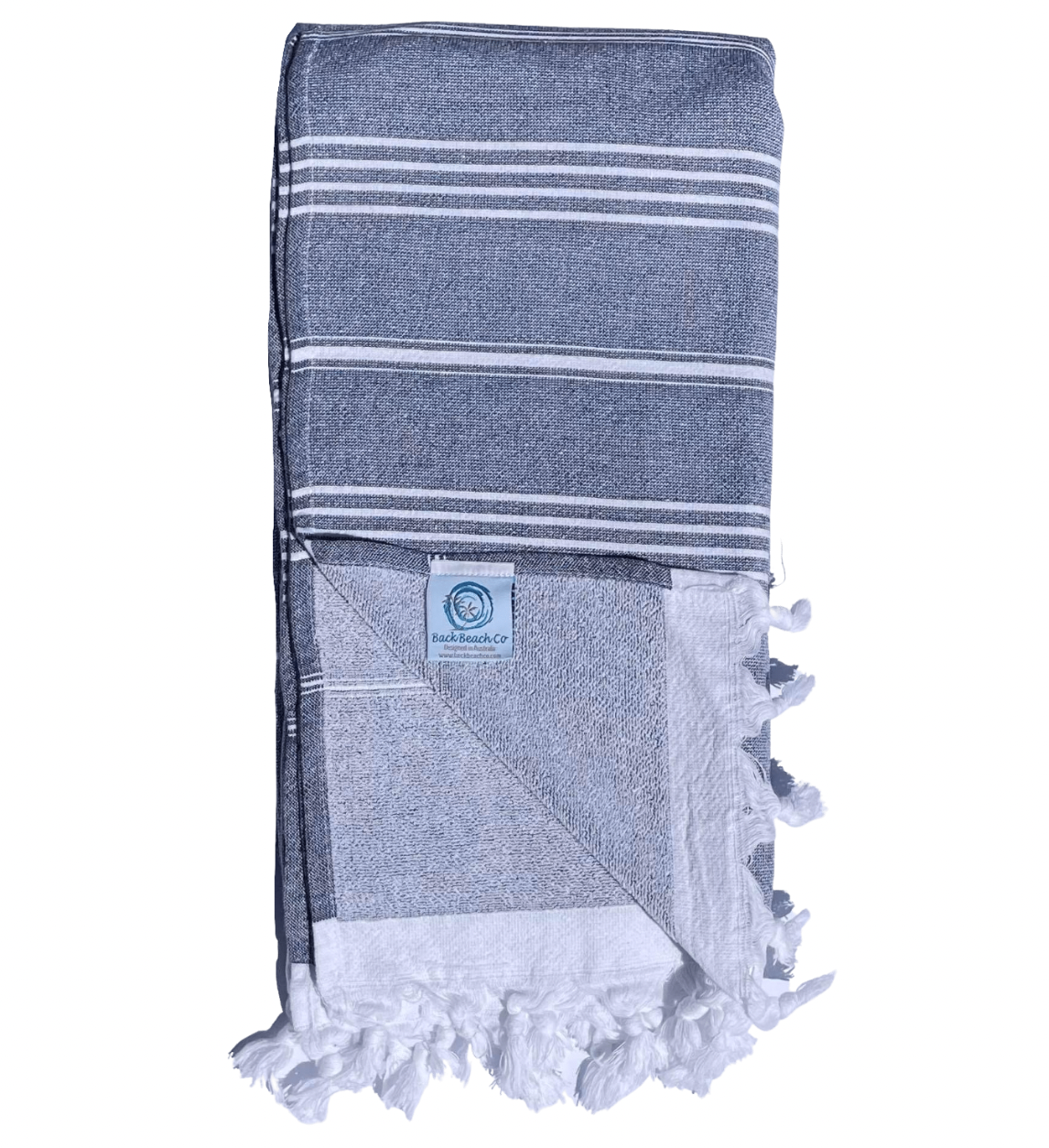 Turkish Towel with Terry Backing - Navy with thin White stripes