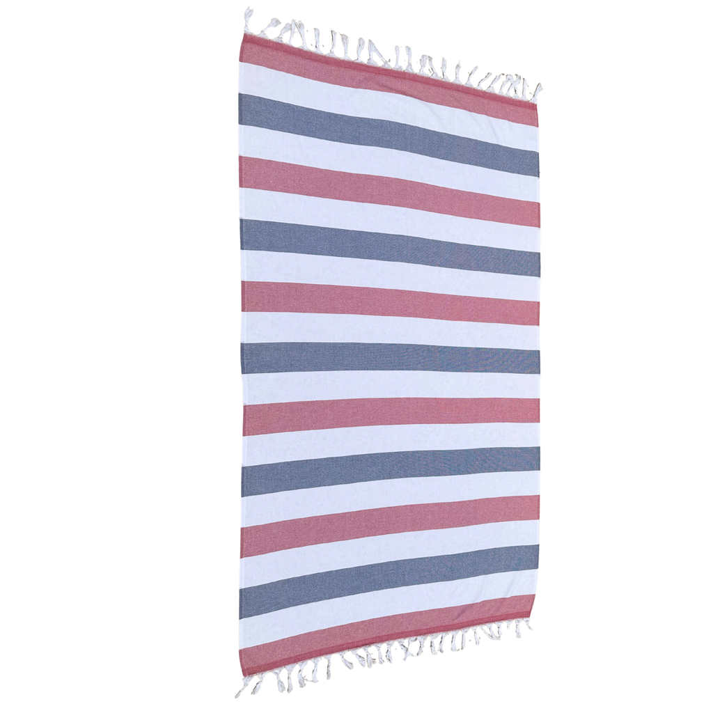 Turkish Towel with Terry Backing - Navy, White and Red