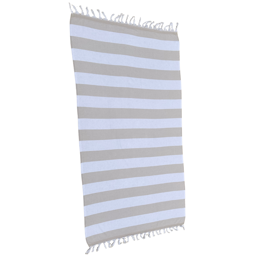 Turkish Towel with Terry Backing - Beige and White Thick Stripe