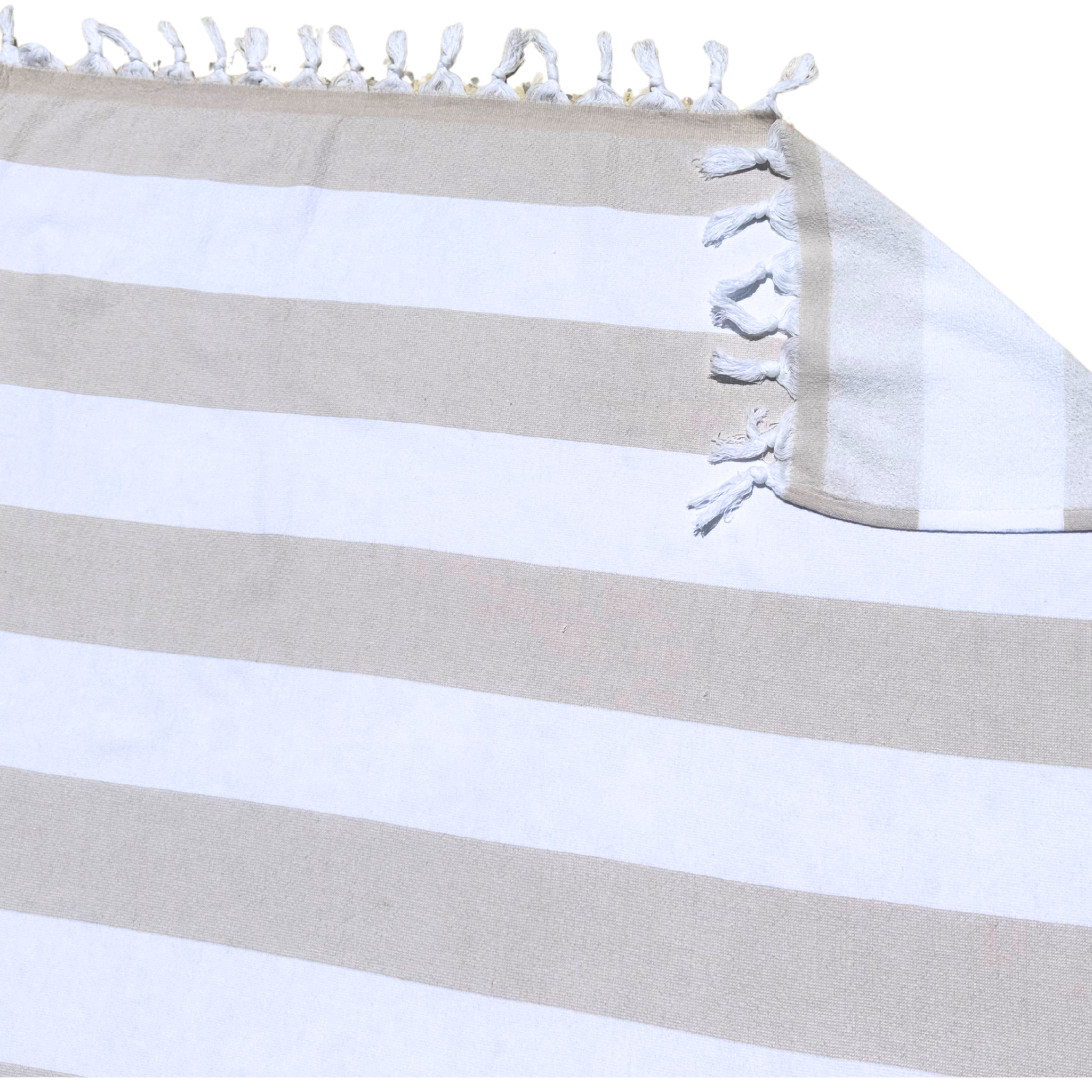 Turkish Towel with Terry Backing - Beige and White Thick Stripe