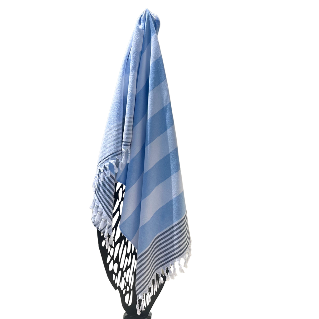 Turkish Towel with Terry Backing - Blue & white stripes with navy thin stripes