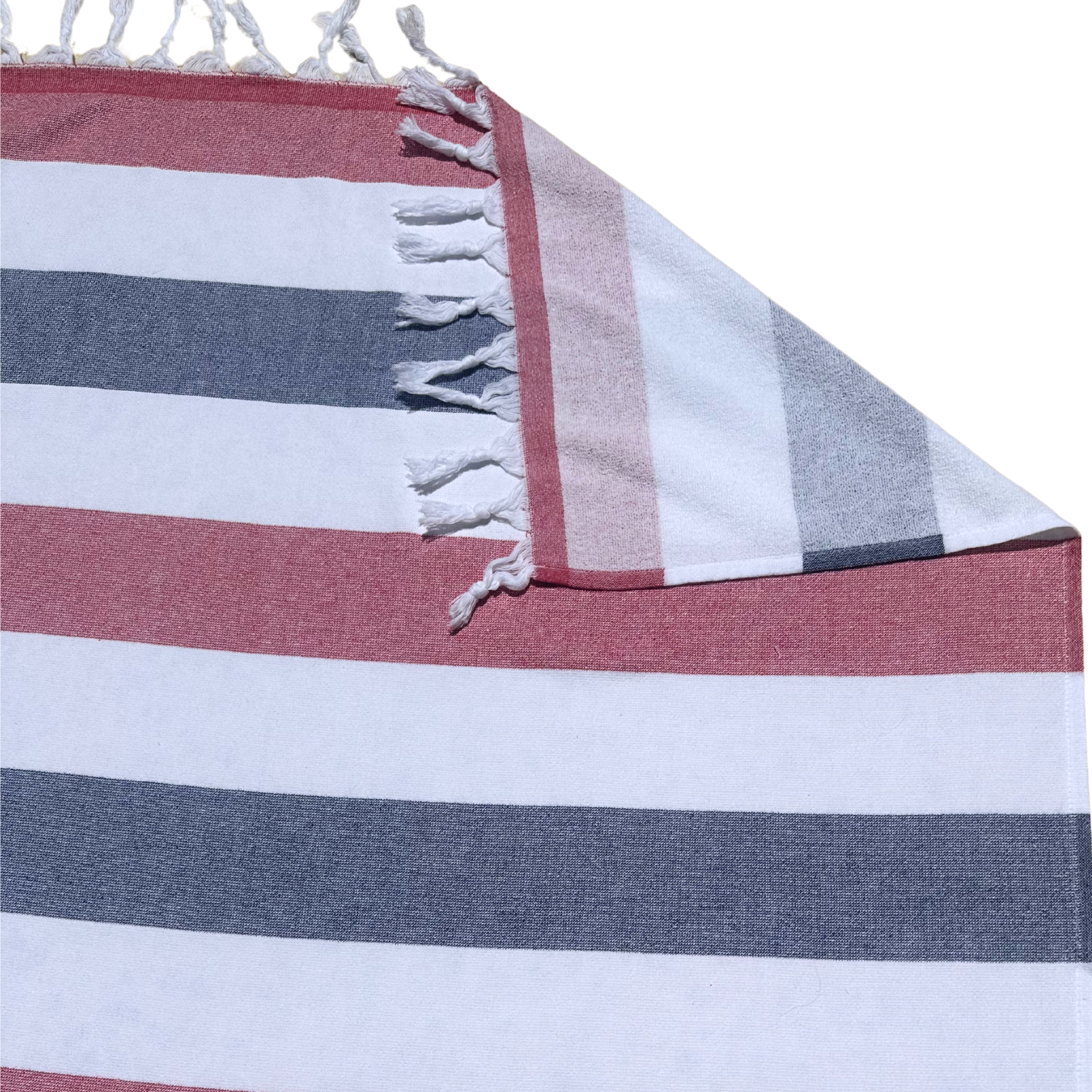 Turkish Towel with Terry Backing - Navy, White and Red