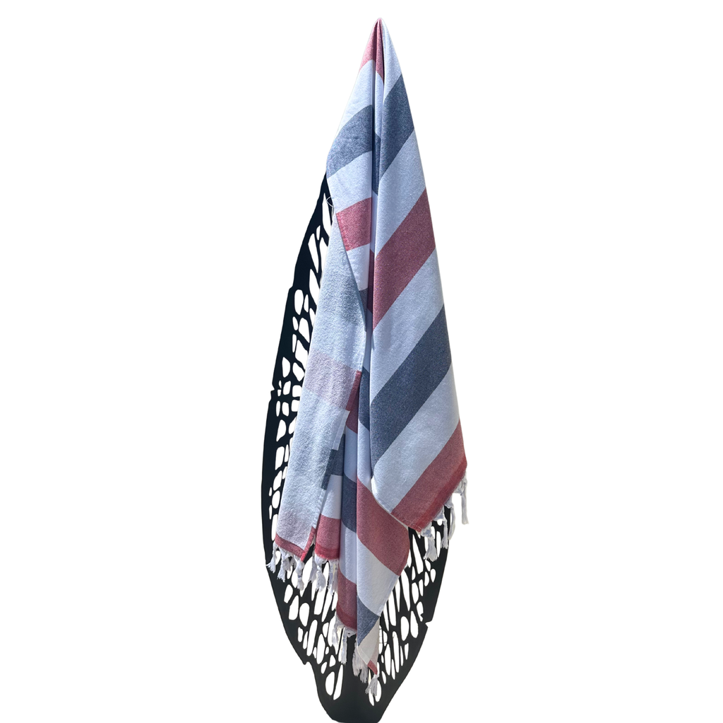 Turkish Towel with Terry Backing - Navy, White and Red