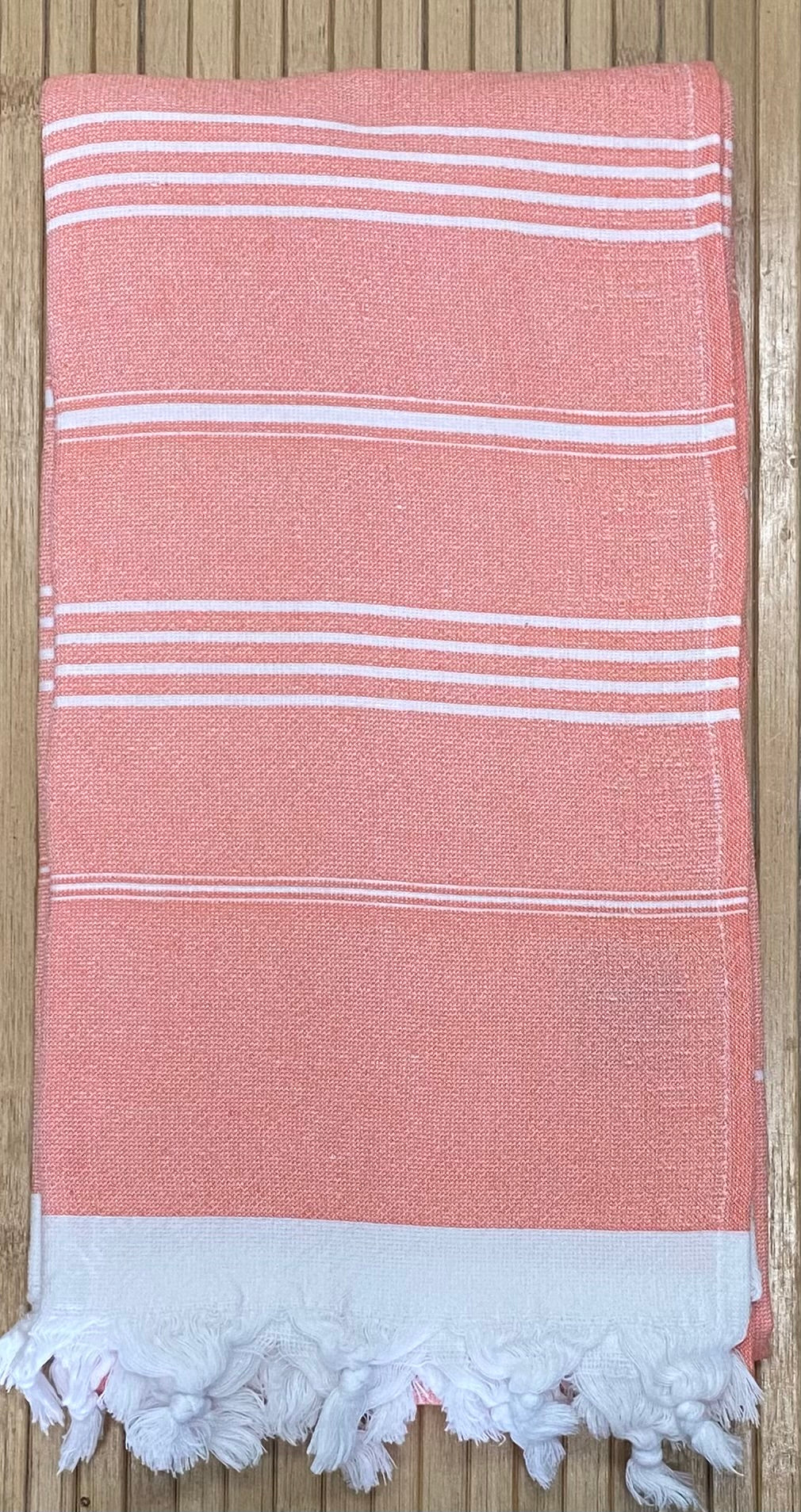 Turkish Terry Beach Towels - Peach thin white stripes