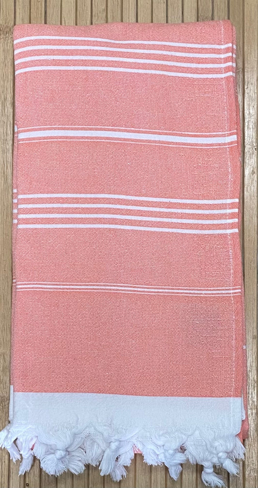 Turkish Terry Beach Towels - Peach thin white stripes