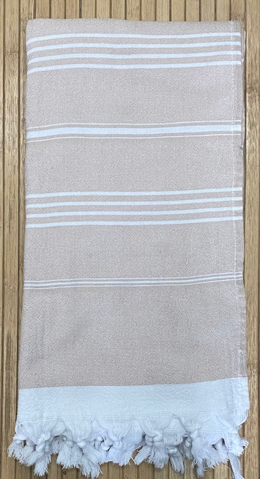 Turkish Terry Beach Towels - Beige with thin white stripes