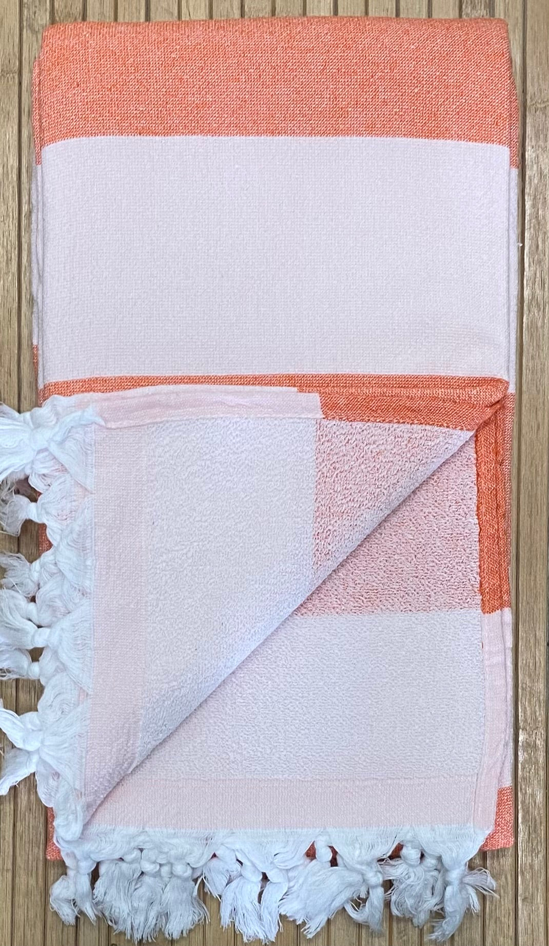 Turkish Towel with Terry Backing - Orange and white stripe