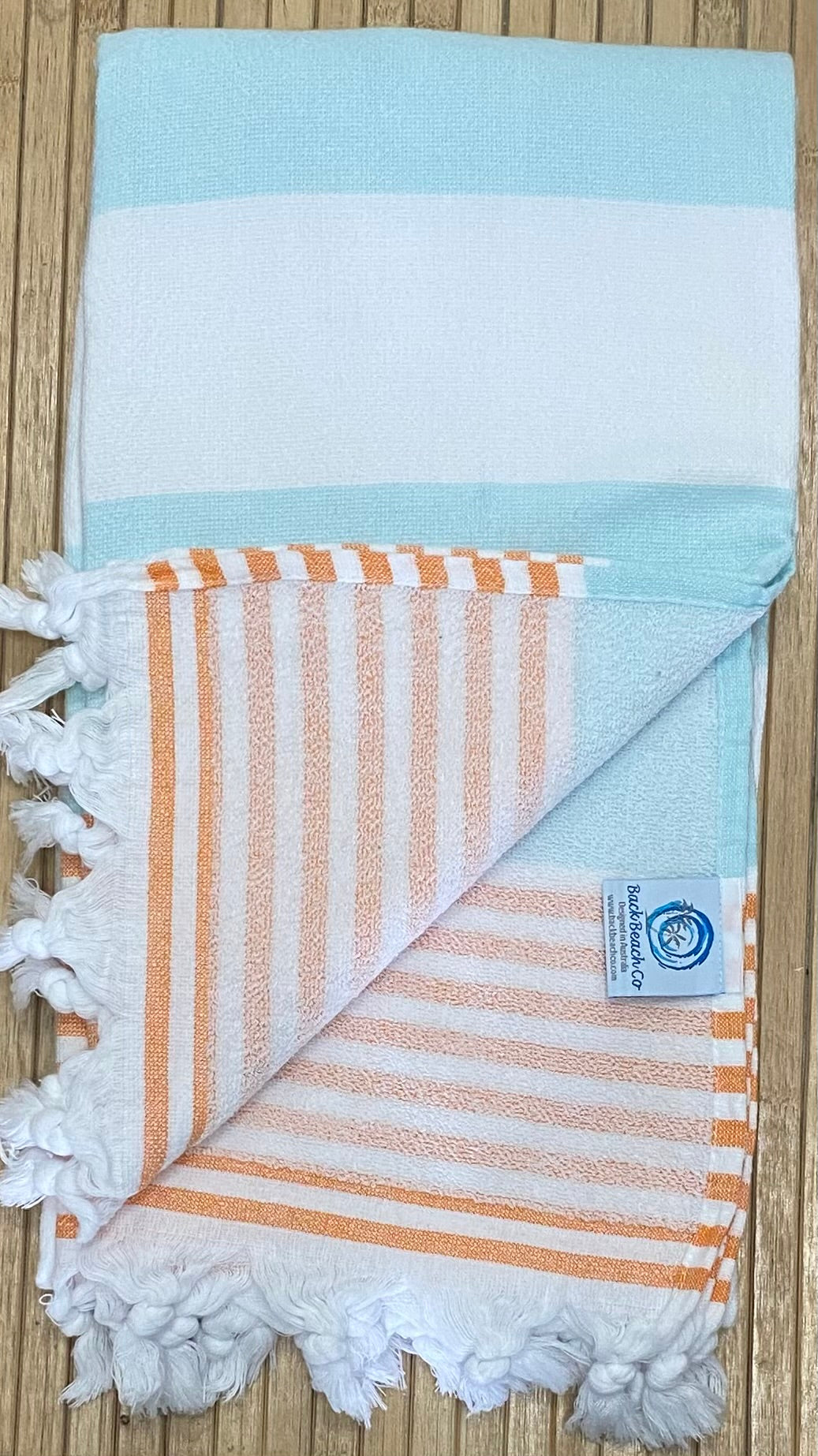 Turkish Towel with Terry Backing - Blue, Orange and white stripe
