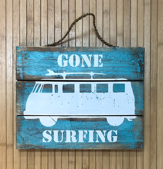 Aqua Vintage Camper Sign - Gone Surfing