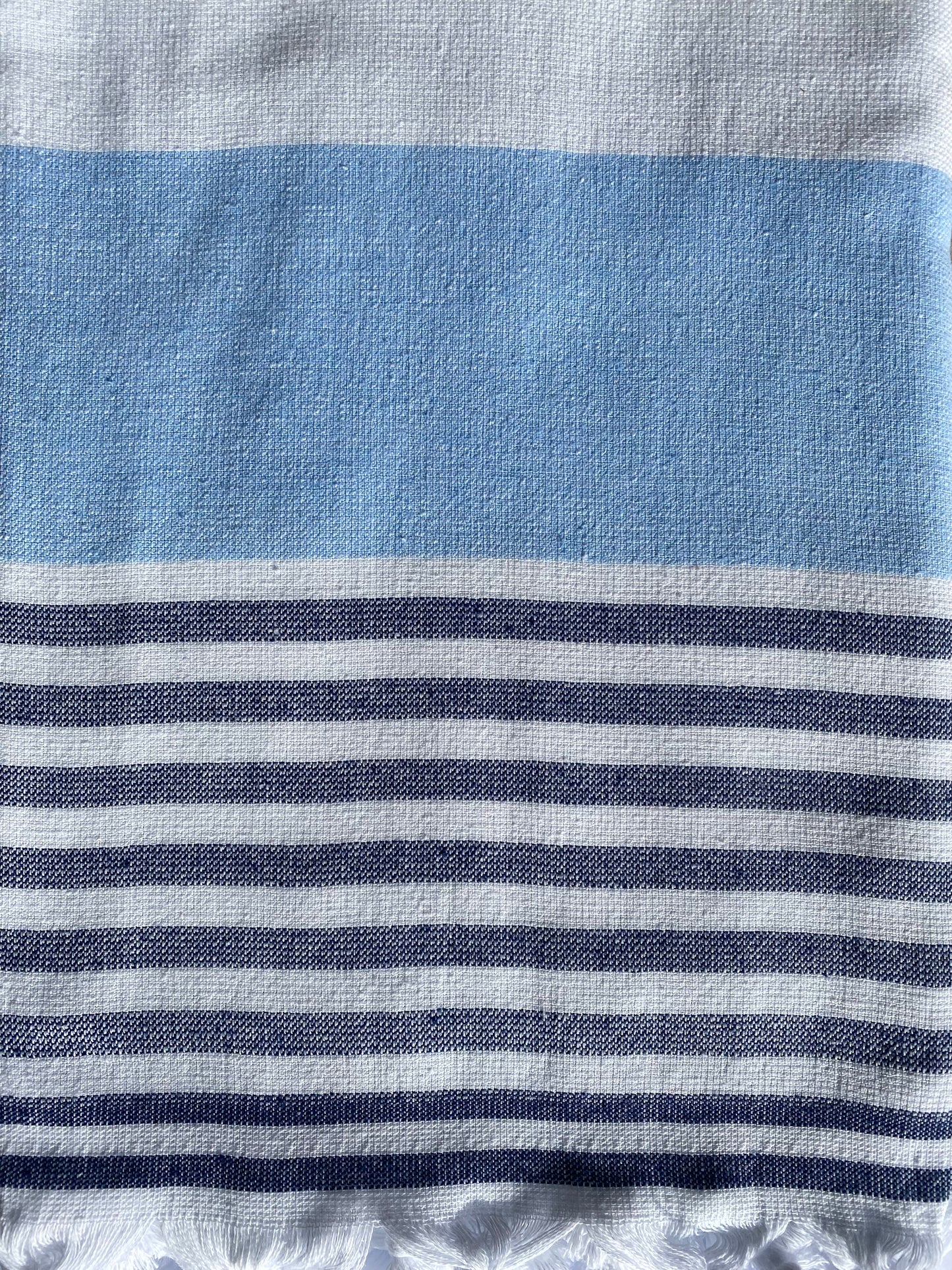 Turkish Towel with Terry Backing - Blue & white stripes with navy thin stripes