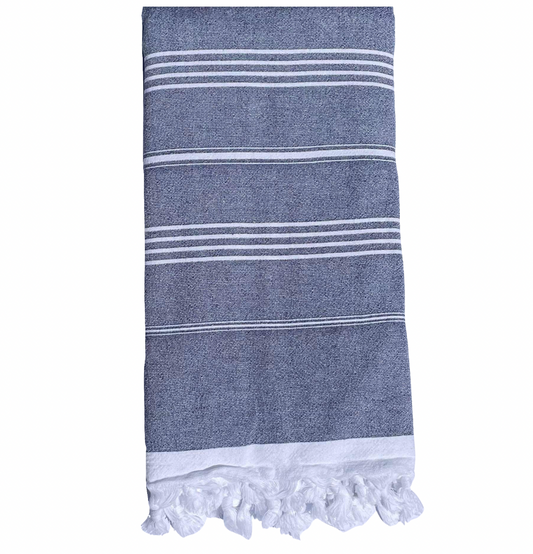 Turkish Towel with Terry Backing - Navy with thin White stripes