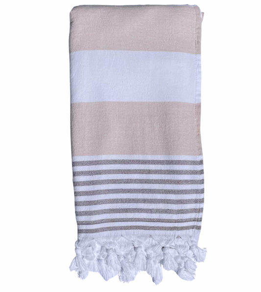 Turkish Towel with Terry Backing - Beige and white